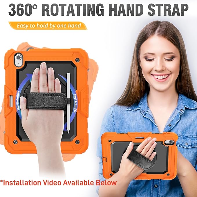 HXCASEAC Rugged Case for iPad Air 11 inch M4 M3 M2 (2026 2025 2024), Heavy Duty Protective Design with Pencil Holder, Screen Protector, Rotating Stand, Hand Strap, for iPad Air 11 Hard Case (Orange)