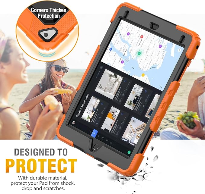 HXCASEAC Rugged Case for iPad Pro 9.7, iPad Air 2, 9.7 inch, Full Body Protective Design with Pencil Holder, Built-in Screen Protector, Rotating Stand, Hand Strap, for iPad Air 2 Hard Case (Orange)