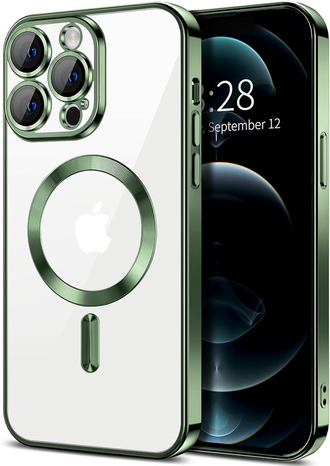 Hython Magnetic Clear for iPhone 12 Pro Max Case with Camera Lens Protector [Compatible with MagSafe] Plating Edge Slim Soft TPU Cover Protective Phone Case for iPhone 12 Pro Max 6.7", Deep Green