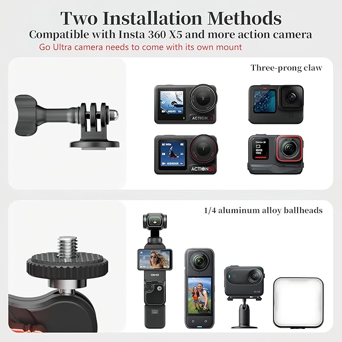 Clamp Camera Mount for DJI Osmo Action 6 5 4 360 Nano for Insta360 X5 X4 Air Go Ultra for Gopro Hero 13 12 11 MAX 2 Metal Fence Motorcycle Bike Mount Handlebar 1/4" Threads Accessories