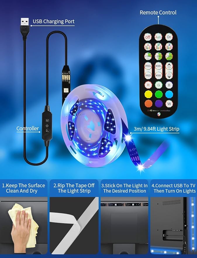 Daymeet LED Lights for TV, 13.1ft TV Led Backlight for 40-65inch USB TV Led Light Strip RGB Color Changing Lights with Remote Music Sync Bluetooth APP Control for Computer Bedroom PC