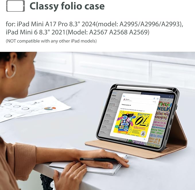 ProCase for iPad mini 7th (A17 Pro) 2024/iPad Mini 6th Generation 2021 8.3 Inch Case; Premium PU Leather Folio Business Stand Cover with Hand Strap; Pencil Holder; Front Pocket -Brown