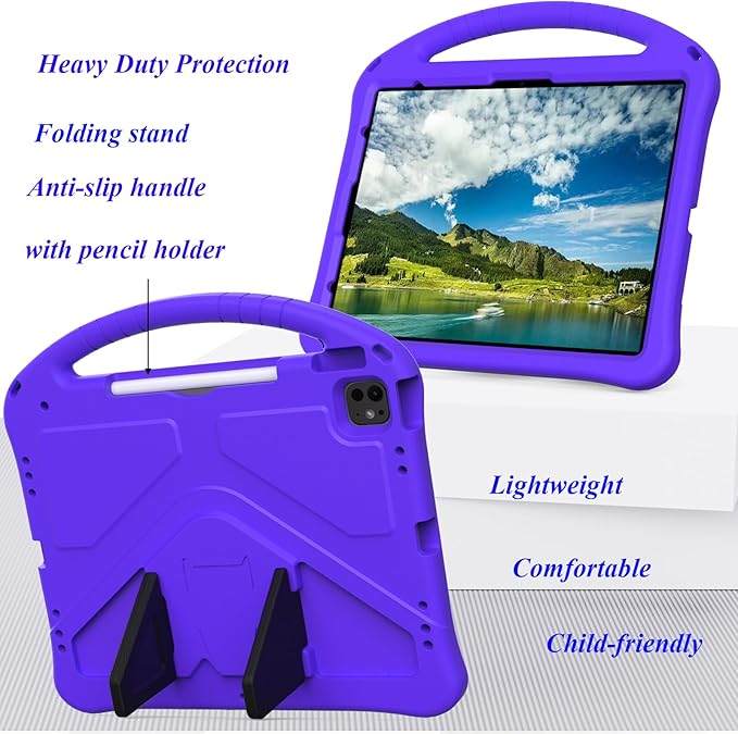 Kids Case for iPad Pro 13 inch M5/M4 (2025/2024) with Kickstand/Pencil Holder/Handle Stand Lightweight Soft EVA Foam Shockproof Heavy Duty Rugged Protection Kids Girls Boys Cover, Purple