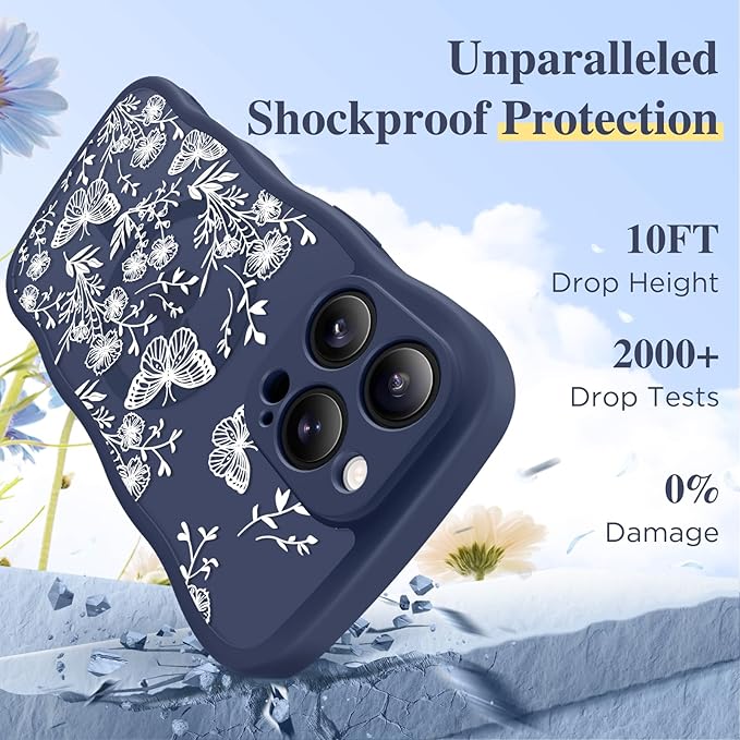 GVIEWIN for iPhone 16 Pro Max Case Compatible with MagSafe [Curly Wave Edge][Full Camera Protection] Floral Translucent Shockproof Magnetic Women Phone Case for 16 Pro Max, Tuberose/Blue
