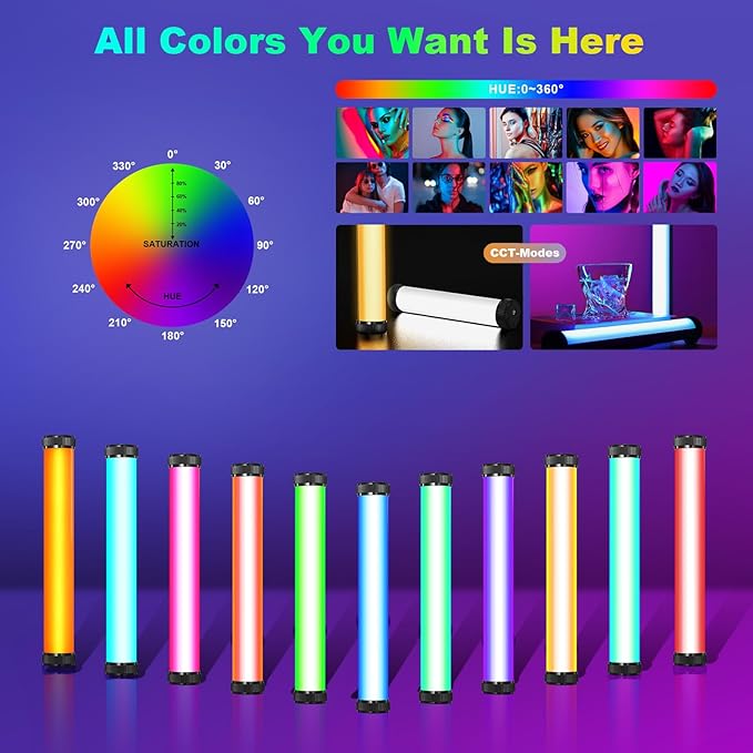 2Pack RGB LED Video Light Stick Wand,3200K~8500K Magnetic Photography Tube Light,360° Full RGB Light Stick with 4000mAh Battery for YouTube Video,Vlog,Live Game Streaming…