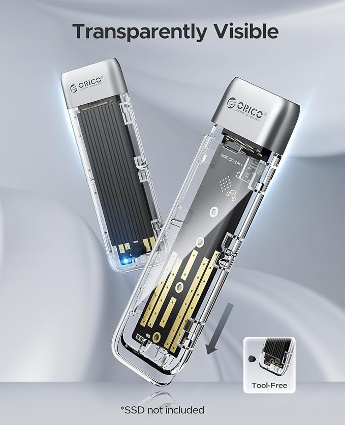 ORICO M.2 NVMe SATA SSD Enclosure, Tool-Free USB 3.2 Type-C 10Gbps to SSD Enclosure for SATA/NVMe M.2(M-Key/B+M-Key) SSD Support 2230/2242/2260/2280, Up to 4TB Max Capacity - TXM2M