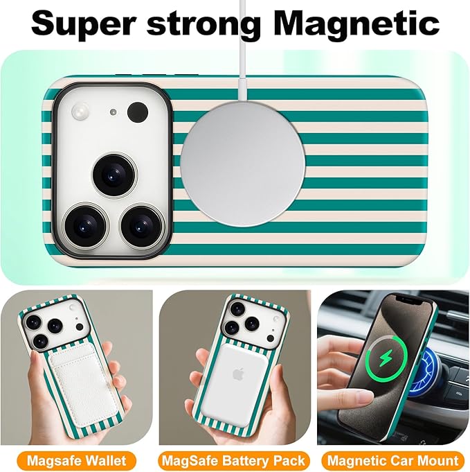 Magnetic for iPhone 17 Pro Case Cute Stripes Phone Case, Shockproof Slim TPU and Hard PC Protective Phone Cover Compatible with MagSafe Designed for Women Girls, Emerald Green