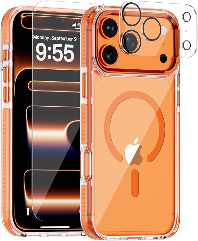 Full Body Protection Kit for iPhone 17 Pro Max Case, MagSafe Compatible Clear Cover, Orange Non-Slip Grip Bumper, N52 Magnetic Backing, Includes Tempered Glass Screen Protector and Lens Film