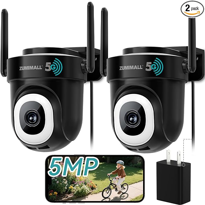ZUMIMALL 2.5K Wired Cameras for Home Security, 2.4G/5G WiFi Outdoor Camera, 5MP, 24/7 Recording,AI Motion Detection, Cloud & SD Card Storage, 2-Way Audio, 360° PTZ Auto Tracking, IP66-2-Pack (Black)