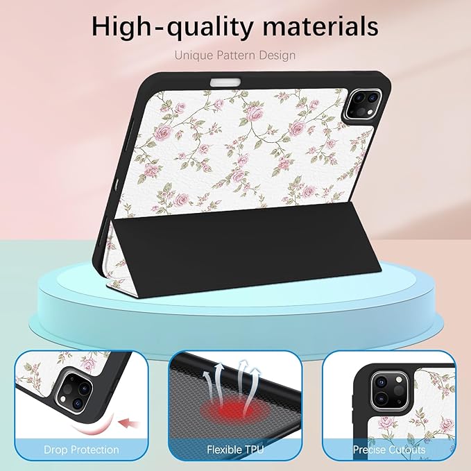 Case for iPad Pro 11 inch 4th/ 3rd/ 2nd / 1st Generation (2022/2021/2020/2018) Case with Pencil Holder, Auto Sleep/Wake, Girly Women Cute Design Pro 11 inch Cover with TPU Back, Pink Flowers
