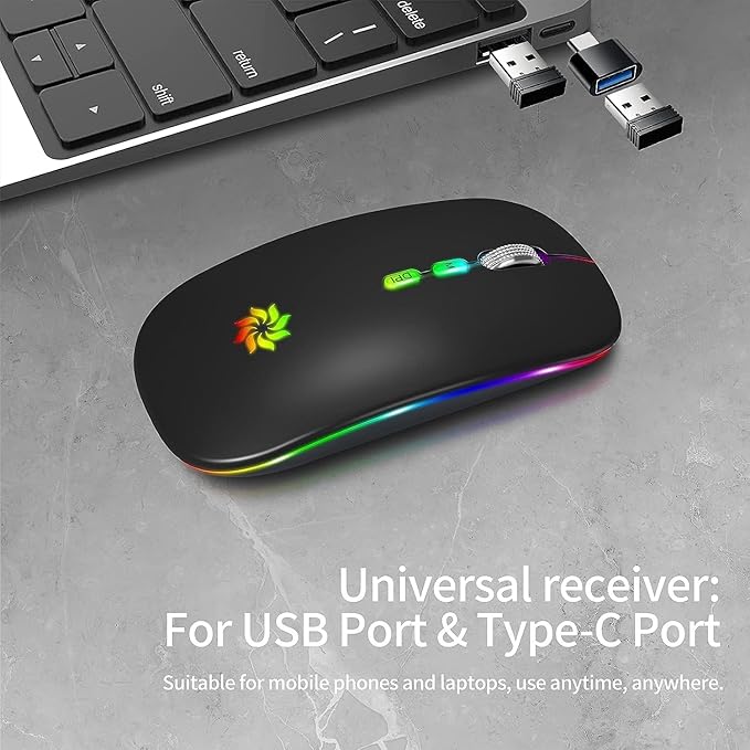 KBCASE Wireless Mouse, LED Wireless Mouse for Laptop, Slim Silent Mouse 2.4G Rechargeable Wireless Computer Mouse for Laptop, MacBook, iPad, Chromebook, with USB & Type-c Receiver