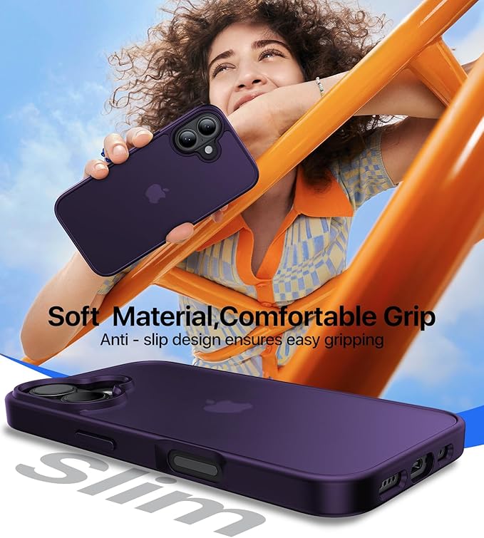 for iPhone 16 Case, [Military-Grade Drop Protection][Anti-Yellowing] Shockproof Protective Translucent Matte Cover for iPhone 16 Phone Case,Dark Purple