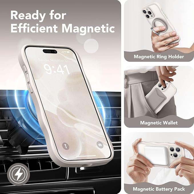 CAPRARO Cute for iPhone 15 Pro Max Case, Compatible with MagSafe, [Curly Wave Edge] [Full Camera Protection] [14 FT Drop Protection] Magnetic Phone Case for 15 Pro Max 6.7 Inch, Stone