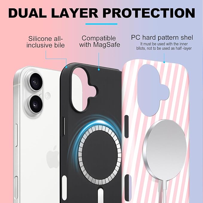 Magnetic for iPhone 16 Case Cute Diagonal Stripes Phone Case, Shockproof Slim TPU and Hard PC Protective Phone Cover Compatible with MagSafe Designed for Women Girls,Pink