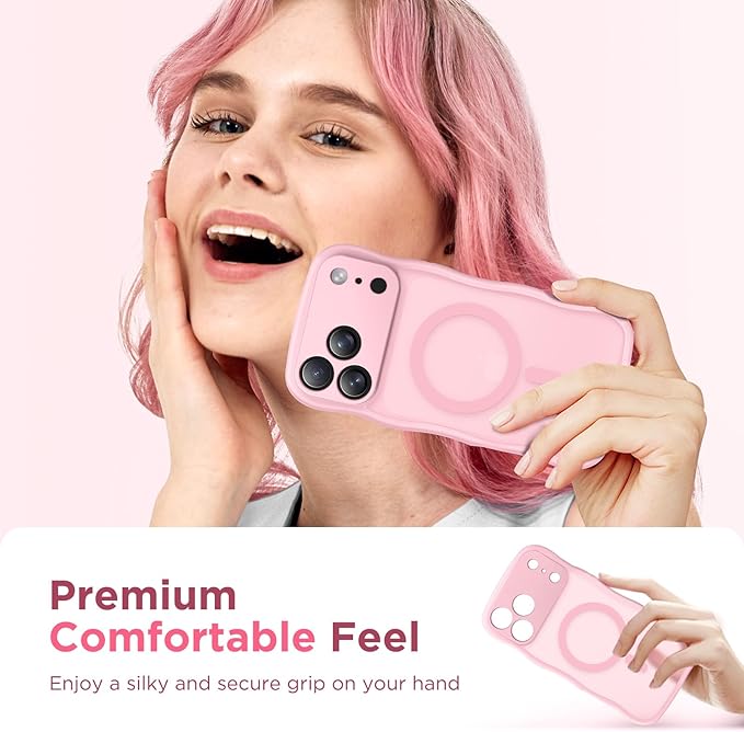 CAPRARO Magnetic for iPhone 17 Pro Max Case for Women Girls, Upgraded [Full Camera Protection] [Compatible with MagSafe] Cute Wave Translucent Matte Phone Case for iPhone 17 Pro Max, Peach Pink