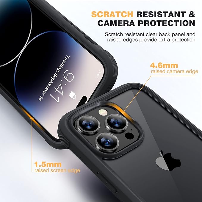 Diaclara Designed for iPhone 14 Pro Case 6.1’’, Full Body Rugged Case w/Built-in Touch Sensitive Anti-Scratch Screen Protector+9H Tempered Glass Camera Lens Protector (Black)