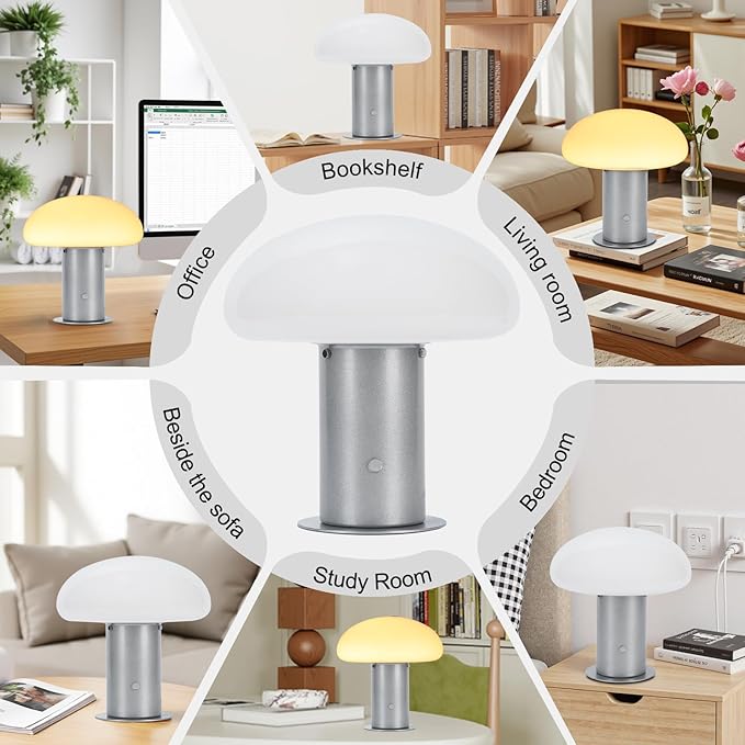 Mushroom Lamp, Retro Table Lamp with Touch Control Switch, 3 Way Dimmable Nightstand Lamp for Bedroom and Living Room, 6W LED Bulb Included (Silver)