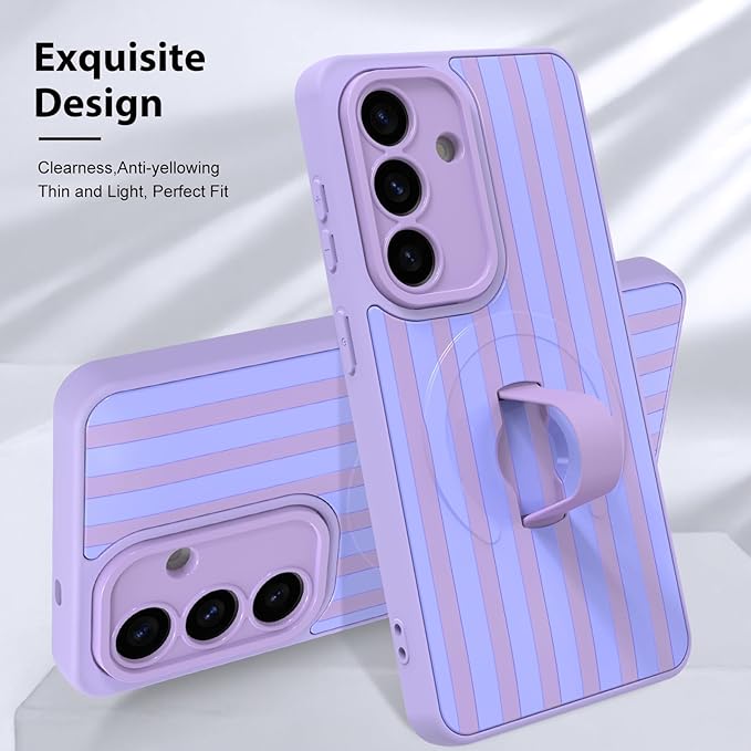 KANGHAR Compatible with Samsung Galaxy S26 Case, Support for MagSafe, Silicone Stripes Cute Pattern, Wristband Kickstand Camera Protection Soft Slim Cover for Girls Women -Purple