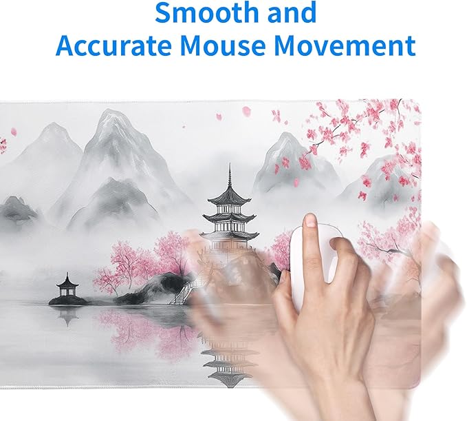 Pagoda Mouse Pad 31.5x11.8 Inch White Full Desk Japanese Mousepad Extended Large Non-Slip Rubber Base Waterproof Big Keyboard Mat with Stitched Edges for Gaming and Office