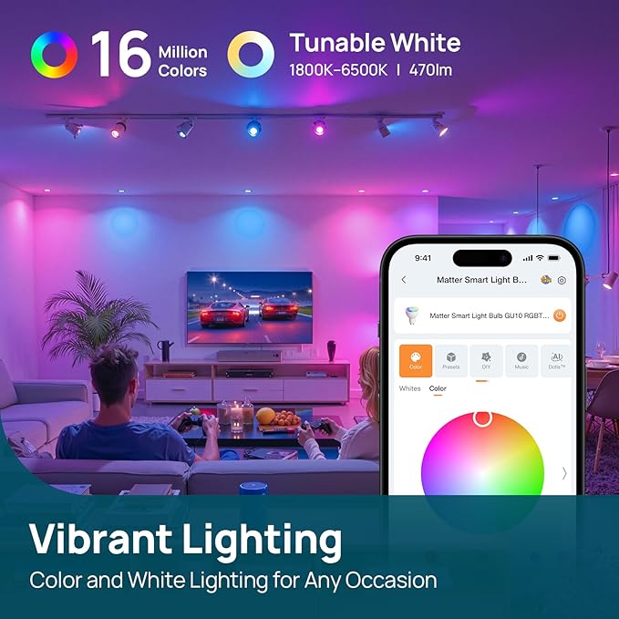 Linkind Matter GU10 Smart Light Bulbs, 40W 470LM Color Changing Light Bulbs, Compatible with Alexa/Google Home/Apple Home, Warm&Daylight White(1800K-6500K), Music Sync & Dynamic Light Shows, 4Pack
