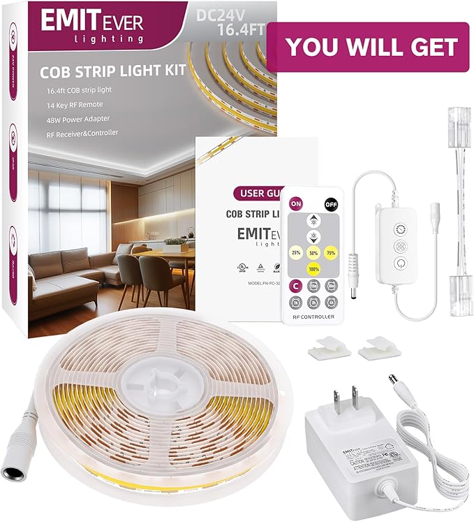EMITEVER COB LED Strip Lights Kit 5000K, White 16.4ft Dimmable Tape Light with Remote & 24V Power Supply, CRI90+, High Density 2400LEDs, 300+LM/FT, Suitable for Bedroom Kitchen Cabinet Lighting