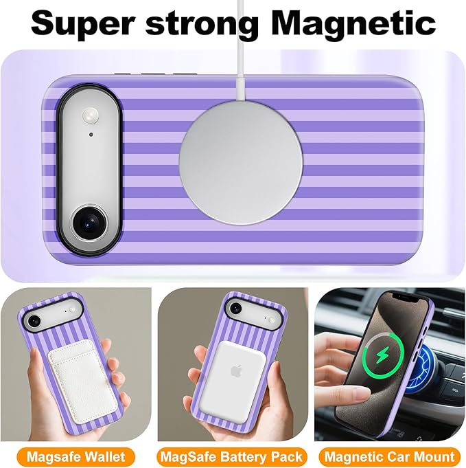 Magnetic for iPhone 17 Air Case Cute Stripes Phone Case, Shockproof Slim TPU and Hard PC Protective Phone Cover Compatible with MagSafe Designed for Women Girls, Light Purple