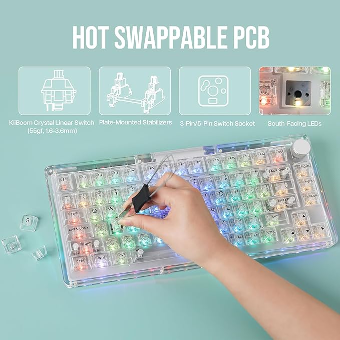 KiiBoom Phantom 81 75% Transparent Mechanical Gaming Keyboard, Hot Swappable Custom Gasket Keyboard with RGB Backlit, Clear Keycap, Rechargeable Battery, Triple Mode for Win/Mac (Phantom 81 V3 Clear)