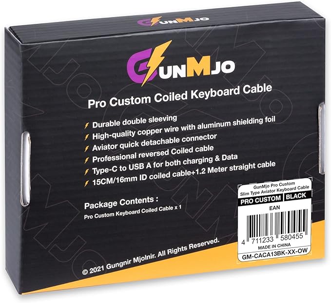 GUNMJO Pro Custom Coiled USB C Cable for Gaming Keyboard, Double-Sleeved Mechanical Keyboard Cable with Slim Type Detachable Metal Aviator, 1.5M USB-C to USB-A, Classic Black Color
