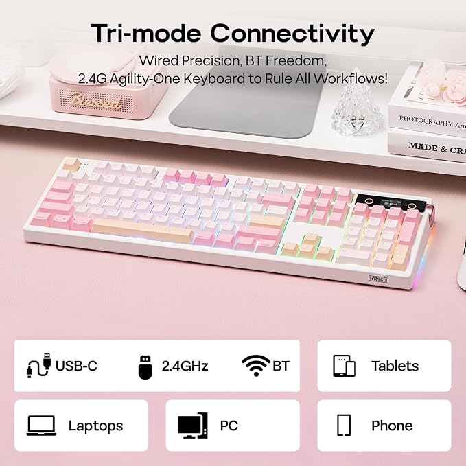 EPOMAKER TH108 PRO Full Size Mechanical Keyboard with Screen & Knob, Wireless Gaming Keyboard with 10000mAh, Creamy Gasket, Hot Swap, Custom Driver, RGB Backlight, NKRO (Pink, Creamy Jade)