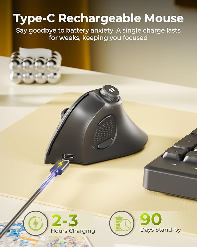 seenda Ergonomic Mouse Wireless, MOU-302 Bluetooth Vertical Mouse Rechargeable, Volume Knob, Silent Mice & 1000/1600/2400 DPI, 3 Multi-Device Connection for Windows/PC/Laptop/Mac/MacBook, Black