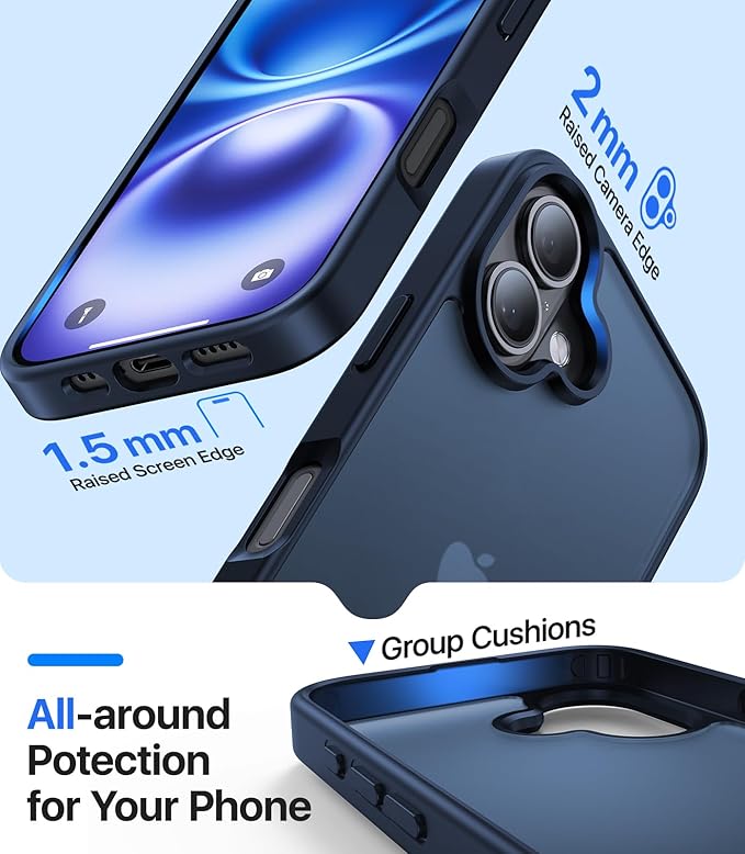 for iPhone 16 Case, [Military-Grade Drop Protection][Anti-Yellowing] Shockproof Protective Translucent Matte Cover for iPhone 16 Phone Case,Deep Blue