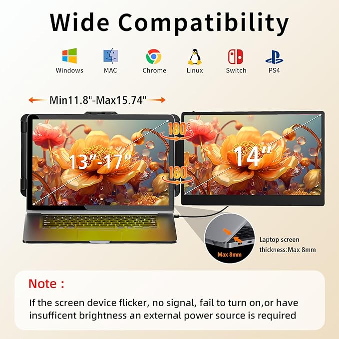 Laptop Screen Extender Monitor - 14 Inch Portable IPS FHD 1080P HDMI/USB-A/Type-C Dual Extended Monitor for Laptops (Maximum Length: 15.94") Compatible with Windows Mac Travel Gaming Work