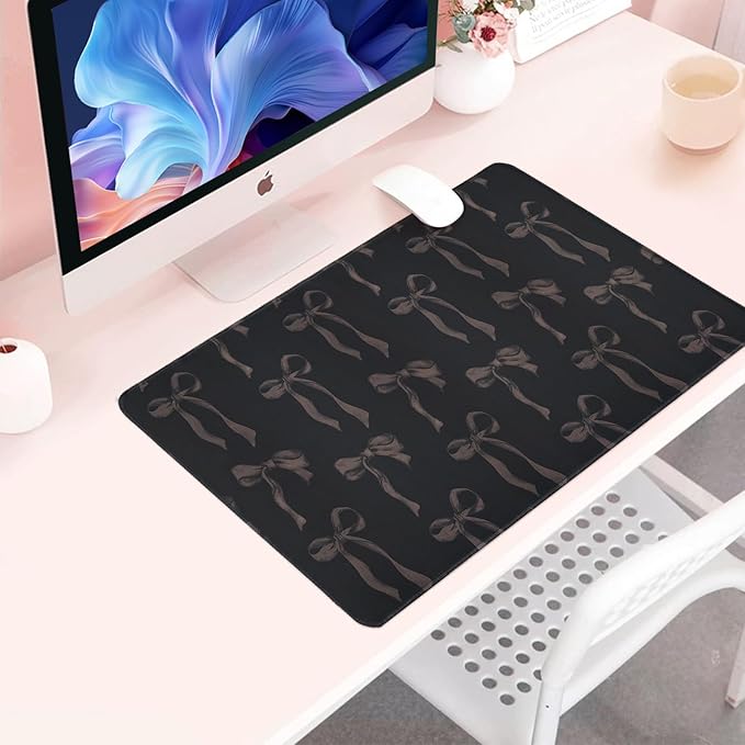 Black Desk Mat with Bows, Large Black Bow Mouse Pad Computer Mat Non-Slip Rubber Base, Cute Keyboard Mat Bow Desk Accessories Office Decor, Stitched Edge Girly Desk Pad for Girls, Women 23.6 x 11.8 in
