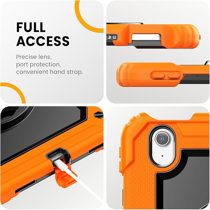 timecity Case for iPad Air 11 Inch M4 / M3 / M2 (2026/2025/ 2024), 360° Rotating Stand, Pencil Holder & Wireless Charging, Shockproof with Screen Protector & Shoulder Strap - for Designers, Orange