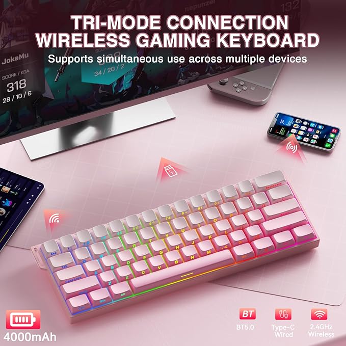 Aula MINI60 HE PRO Wireless Gaming Keyboard 60%,Hall Effect Rapid Trigger Magnetic Keyboard,8000Hz Polling,Tri-Mode(BT5.0/2.4GHz/USB-C),RGB Hot Swappable Compact Pink Mechanical Keyboard for Gamer