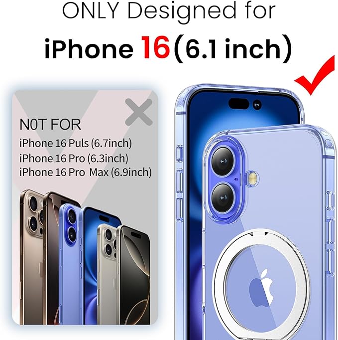 toushion 3 in 1 for iPhone 16 Case Clear with Stand, Not Yellowing, Flexible Stable Stand,Kickstand,fits MagSafe,Military-Grade Protection Phone case for iPhone 16 Clear - Ring Holder