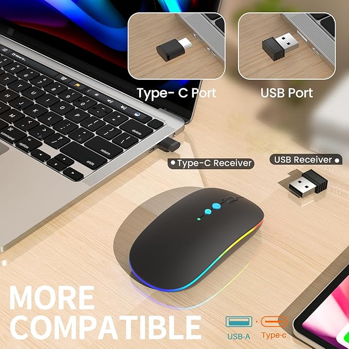 Halpilt LED Wireless Mouse A100S Rechargeable Portable Silent Mouse with Optional USB and Type-C Receiver 3-Speed Adjustable DPI for PC/Mac/Laptop (Frosted Black)