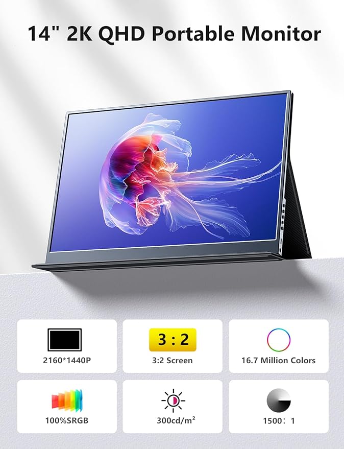 MAGICRAVEN Portable Monitor 14 inch 2160 * 1440P IPS Laptop Monitor, Dual USB C HDMI Second Computer Screen, Gaming Display with 2 Speakers, Travel Monitor for Laptop PS4/5 PC Phone Xbox Switch