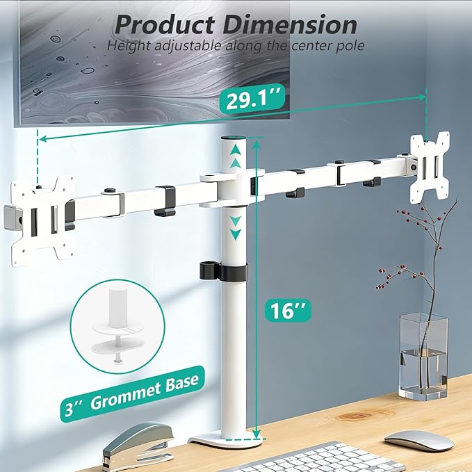 Mount Stand Fits 2 Screens up to 27 inch, 22 lbs. Weight Capacity per Arm (M002-W), White