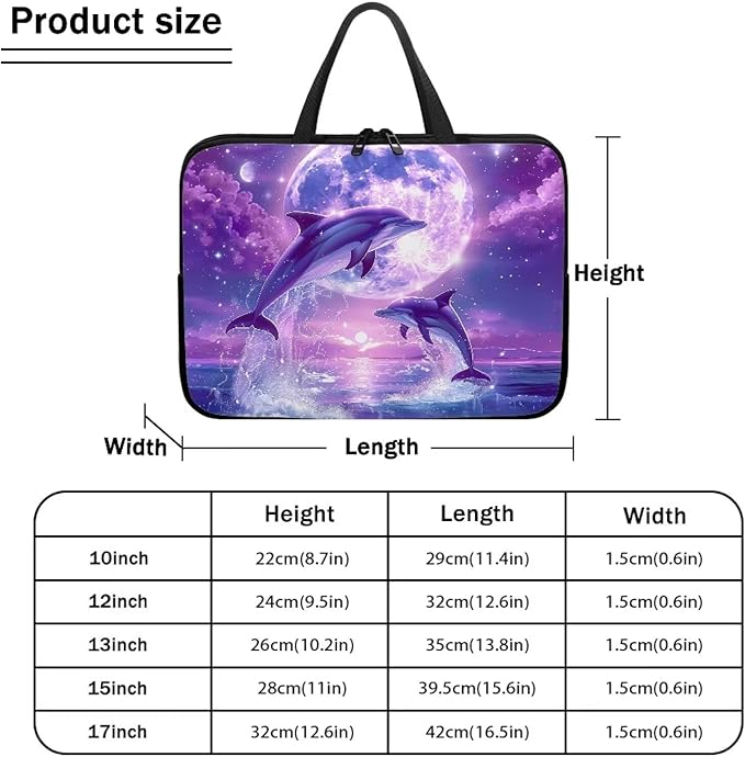 Purple Dolphin Full Moon Laptop Case 10 Inch, Waterproof Laptop Sleeve for Women Men, Portable Laptop Cover Computer Carrying Bag Cases with Handle, Fits Tablet/Notebook/Reader