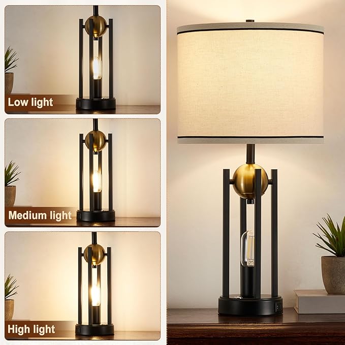 25'' Farmhouse Table Lamps for Living Room Set of 2 with USB C+A Ports, Rustic Vintage Bedside Lamp for Bedroom, Touch Lamps for Nightstand, Dual Lights Independent Switch, Bulb Included, Gold
