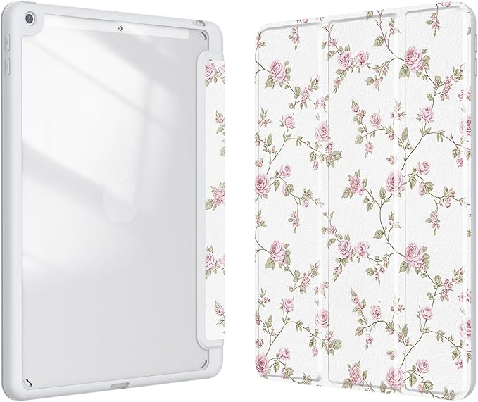Case for iPad 9th / 8th / 7th Generation (2021/2020/2019) 10.2 inch, Case with Pencil Holder, Stand Clear Back Cover Cute Cool Design for Women Girls, Auto Sleep/Wake, Pink Flower