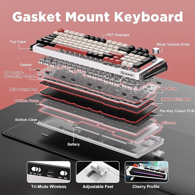 K98 Wireless Mechanical Keyboard,Tri-Mode BT5.0/2.4GHz/USB-C Hot Swappable Custom Keyboard,Gasket Structure,RGB Backlit Gaming Keyboard for Win & Mac(White&Red,Milk-V2 Switch)