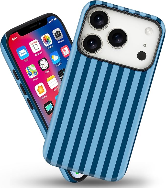 Magnetic for iPhone 17 Pro Case Cute Stripes Phone Case, Shockproof Slim TPU and Hard PC Protective Phone Cover Compatible with MagSafe Designed for Women Girls, Lake Blue