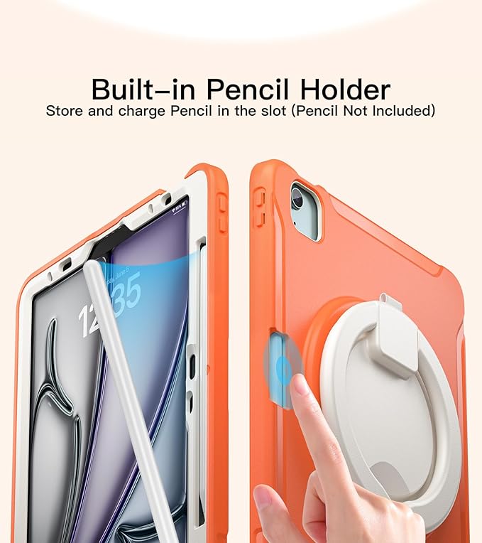 BATYUE Shockproof Case for iPad Air 11" M2/M3/M4, Air 4/5 10.9", iPad Pro 11" 1st-4th Gen 2018-2022 | 360° Multi-Angle Stand (Portrait & Landscape) & Grip, Built-in Pencil Holder, Coral Orange