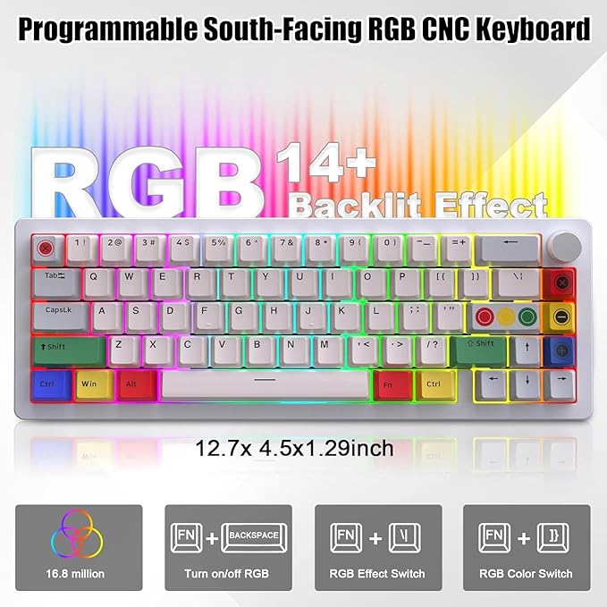 BOYI GMK67 65% Aluminum Alloy Mechanical Keyboard,Hot-Swappable BT5.0/Type-C/2.4G Wireless,CNC Metal Gasket Mounted South-Facing LED RGB Gaming Keyboard with Dye-Sub PBT Grey Beige Keycaps