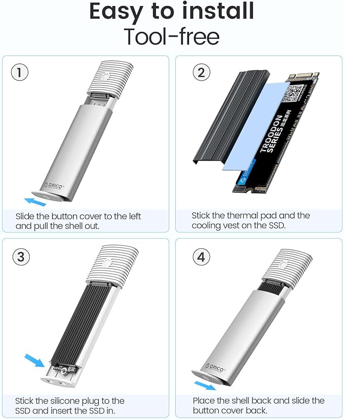 ORICO M.2 NVMe SATA SSD Enclosure Adapter Tool-Free, USB C 3.2 Gen 2 10Gbps NVMe, 5Gbps NGFF SATA PCIe M-Key(B+M Key) 2230/2242/2260/2280, Aluminum External M2 Reader Support UASP Trim- PWDM2-WH
