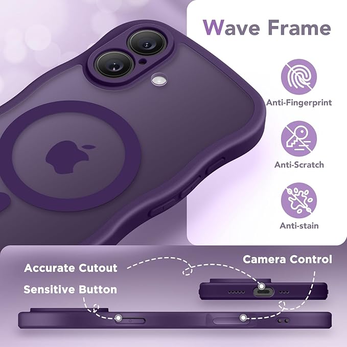 CAPRARO Magnetic for iPhone 17 Case for Women Girls, Upgraded [Full Camera Protection] [Compatible with MagSafe] Cute Wave Translucent Matte Phone Case for iPhone 17, Deep Purple