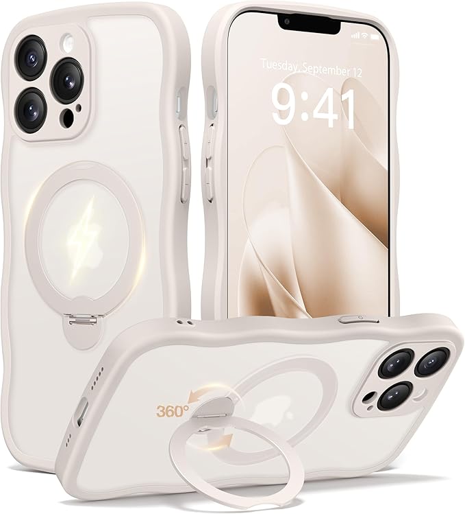 CAPRARO for iPhone 13 Pro Max Case with 360° Spin Magnetic Stand for Women, [Compatible with MagSafe] [Full Camera Protection] Cute Wave Translucent Matte Case for iPhone 13 Pro Max, Stone