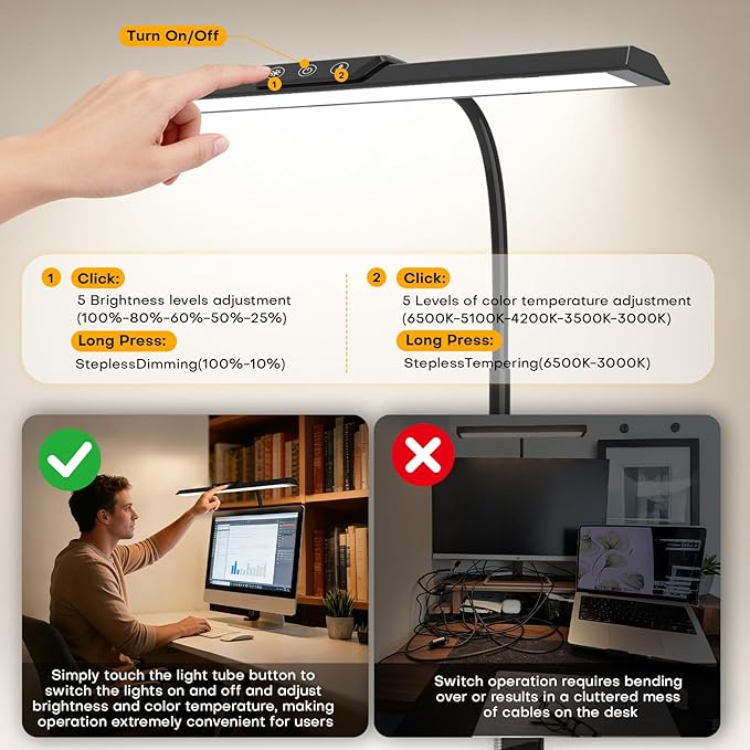 LED Desk Lamp for Office Home, Stepless Dimming Architect Desk Light with DC Adapter, Eye-Caring Desk Lamp with Clamp, 25 Lighting Modes Adjustable 14.8in Flexible Gooseneck for Workbench, Drafting